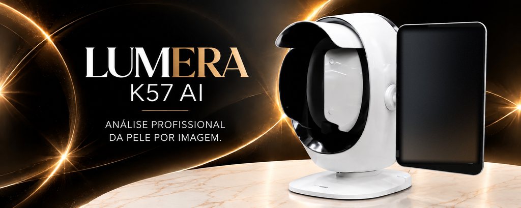 Arte do Lumera K57 AI: o nome em letreiro dourado sobre fundo preto com arcos de luz, a assinatura «Análise profissional da pele por imagem» e o equipamento sobre bancada de mármore — a câmara de captura branca com o capuz e o tablet acoplado ao lado