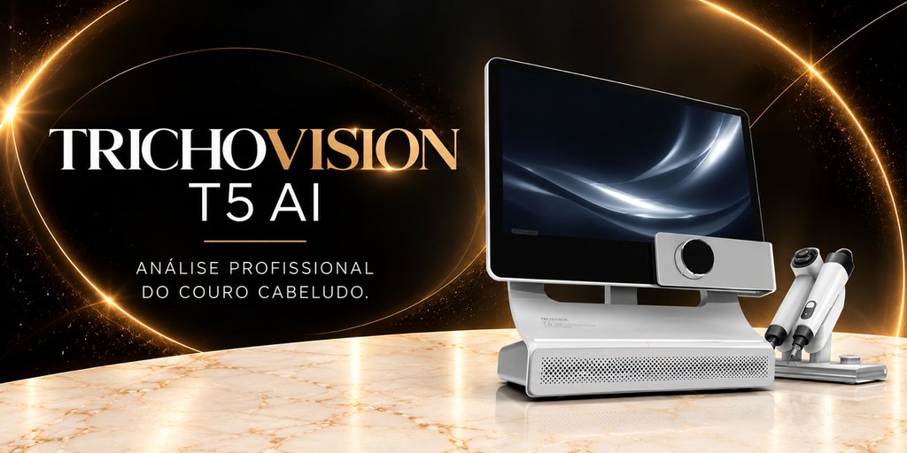 Arte do Trichovision T5 AI: o nome em letreiro dourado sobre fundo preto com arcos de luz, a assinatura «Análise profissional do couro cabeludo» e o equipamento sobre bancada de mármore — a unidade com a tela integrada, o módulo de captura e as duas peças de mão no suporte