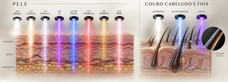 Ilustração comparando espectros de luz aplicados à pele e ao couro cabeludo, com epiderme, derme, hipoderme e detalhe do fio