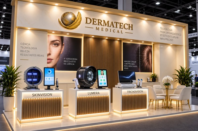 Estande da Dermatech Medical com os equipamentos SkinVision, Lumera e Trichovision
