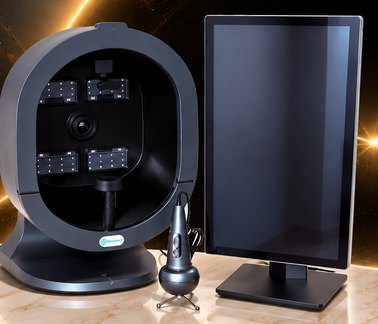 SkinVision X5 Pro completo sobre bancada de mármore: a cúpula de captura, o monitor vertical e a peça de mão no suporte