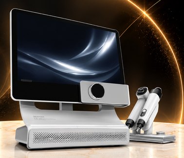 Trichovision T5 AI completo sobre bancada de mármore: o monitor articulado, a base com a câmera e as duas peças de mão no suporte