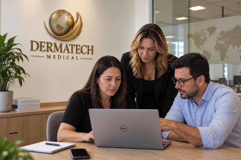 Três pessoas reunidas em torno de um notebook numa mesa de escritório, sob o logotipo da Dermatech Medical na parede